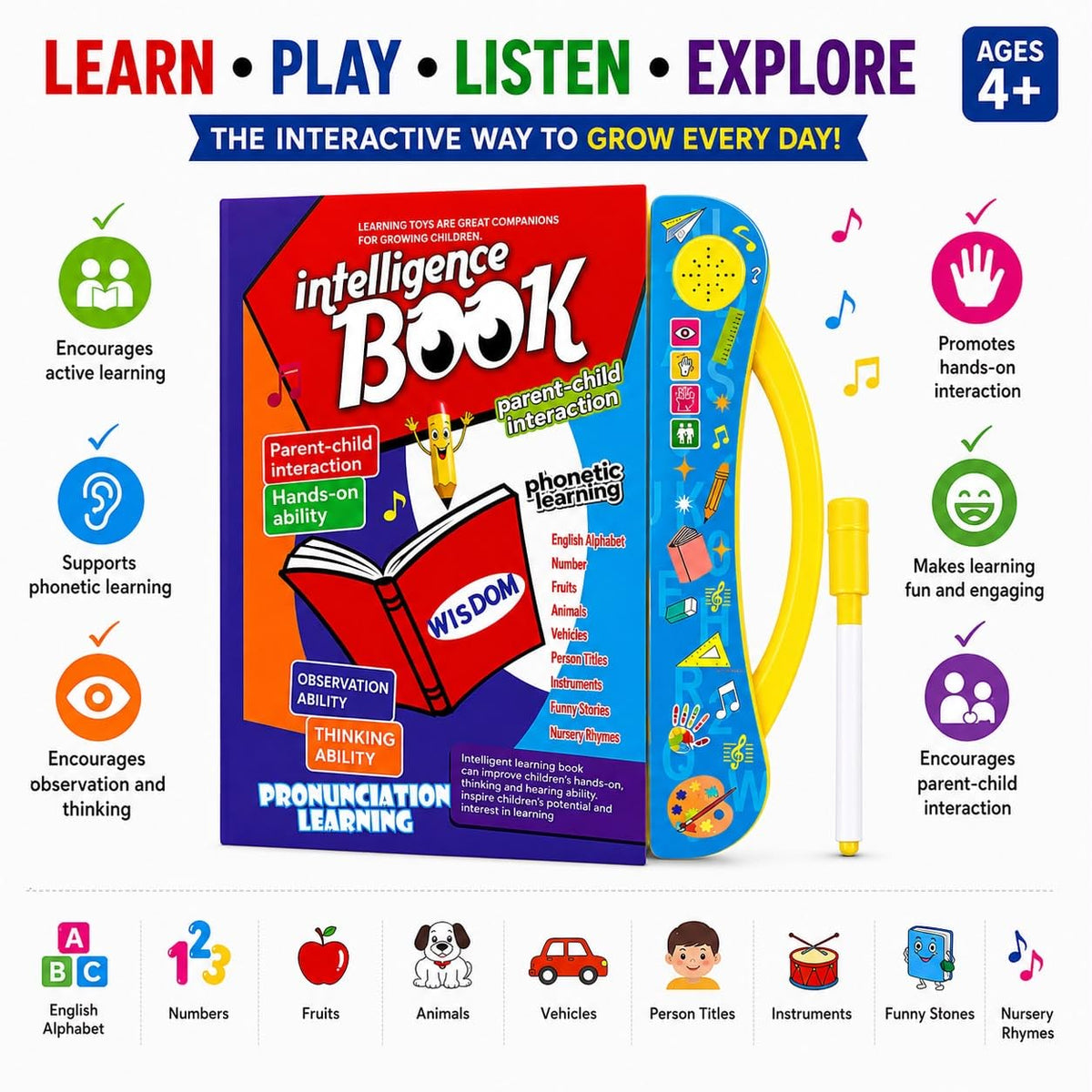Intelligence Sound Book for Kids | Touch & Learn Educational Toy | Alphabets, Numbers, Shapes, Phonics, Rhymes